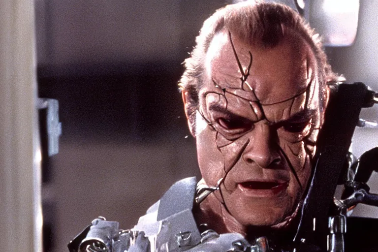 Image similar to Jack Nicholson plays Terminator, scene where his endoskeleton gets exposed, still from the film