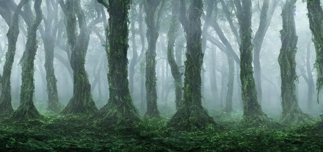 Image similar to a complex organic fractal 3 d ceramic megastructure in a lush forest, foggy, cinematic shot, photo still from movie by denis villeneuve