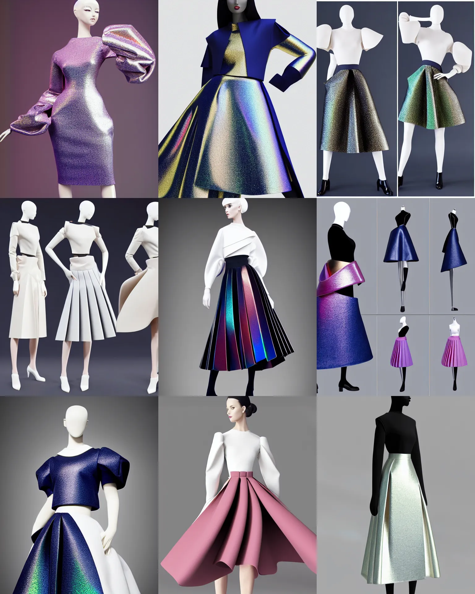 Prompt: designer figure collection ball shaped accordion sleeve haute couture, sailor uniform, midi skirt, coat pleats, synthetic curves striking pose, dynamic folds, cute huge pockets hardware, volume flutter, young, modeled by modern designer bust, body fit, award fashion, stardust gradient scheme, light holographic tones, expert composition, high detail, professional retouch, editorial photography