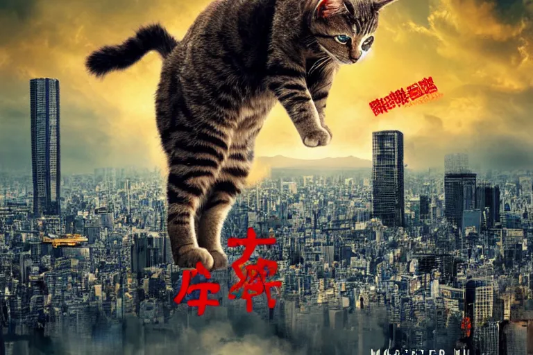 Image similar to cat attacking Tokyo, disaster movie poster, masterpiece, masterwork, cgstudio