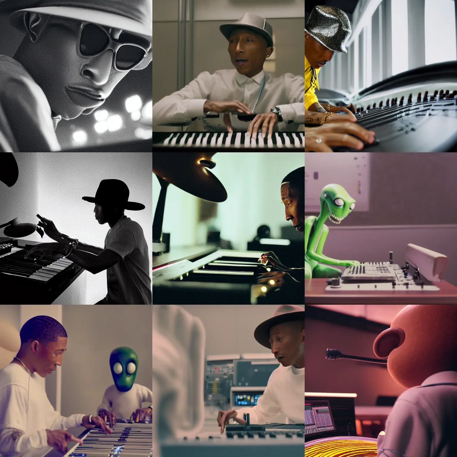 Image similar to cinematic film still of Pharrell Williams Making A Beat with an anthropomorphic alien, Japanese VFX, 2018, 400mm lens, f1.8, shallow depth of field,film photography