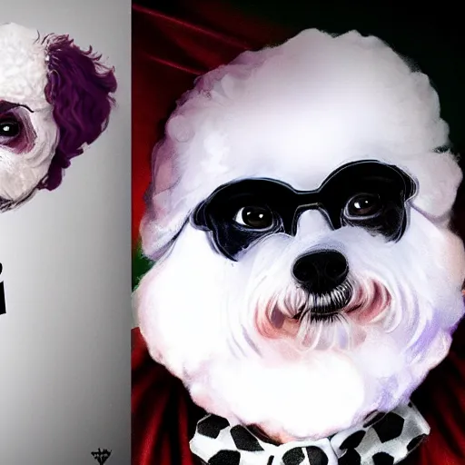Prompt: bichon frise joker, dog, makeup, movie poster, trending on artstation