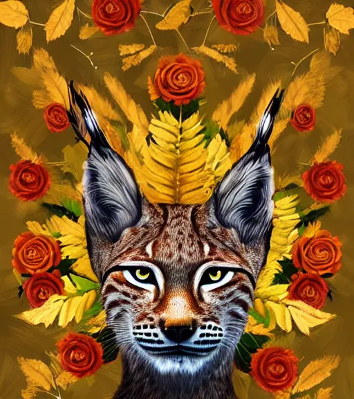 Image similar to lynx wearing a flower circle made out of roses and golden leaves on his head, a majestic crown, an expressive digital painting, high quality art,