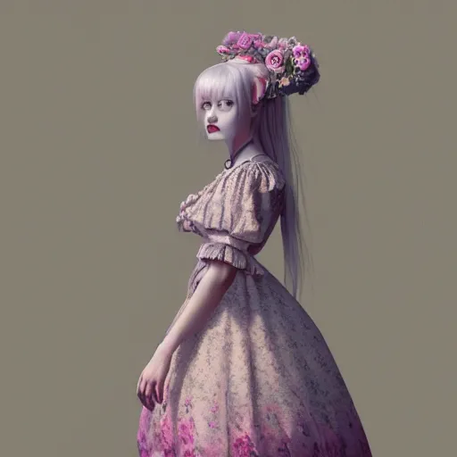 Prompt: 8 k, octane render, realism, tonalism, renaissance, rococo, baroque, cotton candy, portrait of a creepy young lady wearing long - harajuku manga - dress with flowers! and skulls