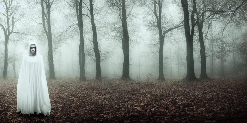 Image similar to a white female ghost in a ominous forest, autumn, 35mm, cinematic atmosphere, mist, photorealistic, depth of field, gloomy