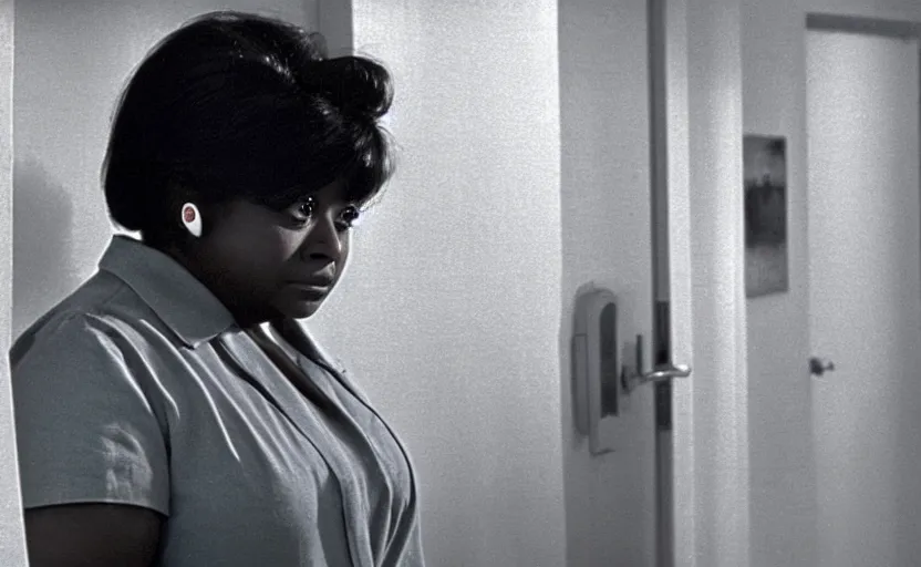 Image similar to cinematic shot from a 1 9 8 5 paranoid thriller, screenshot of octavia spencer removes a hearing device from her ear, in the near future, film directed by stanley kubrick, color theory, apartment design, leading lines, photorealistic, volumetric lighting