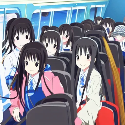 Image similar to Two Japanese high school girls going home on a train, by Kyoto Animation