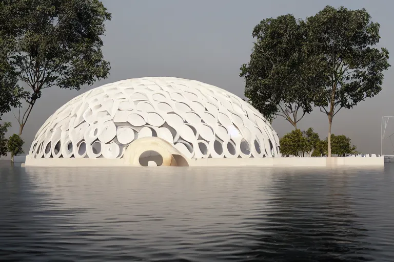 Image similar to a building formed by the combination of many white spherical and egg shaped circular spaces. on the calm lake, people's perspective modern curved architecture, future, wood, marble, metal award winning, highly detailed 4 k art, dusk, unreal engine highly rendered, global illumination, radial light, internal environment by kazuyo sejima