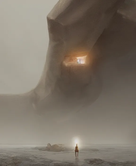 Image similar to surreal romantic prometheus horizontal white exploration base, ochre ancient palette, building architecture by ruan jia, futuristic, blame, white architecture in the beach in iceland, foggy, highly detailed, digital painting, arstation, concept art, hyperealistic octane render, unreal engine