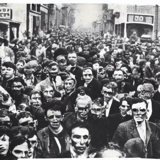 Prompt: Old photo of a crowd of people, some of the people are zombies, decaying photo