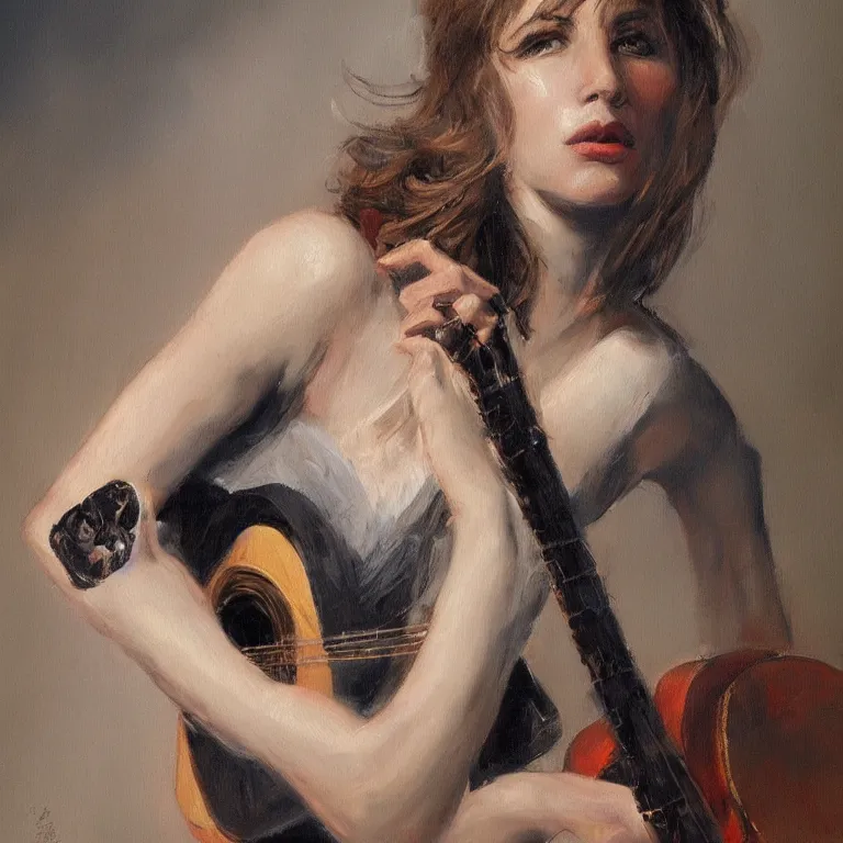 Image similar to a beautiful masterpiece painting of a female musician by juan gimenez, award winning, trending on artstation,