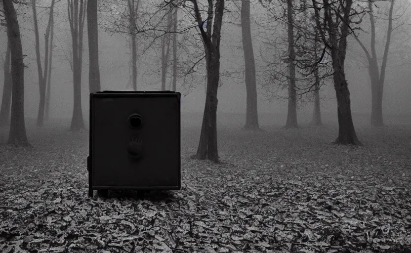 Prompt: soviet black box in the misty wood, pale light, pinhole camera effect, lomography effect, analogue photo quality, monochrome, blur, unfocus