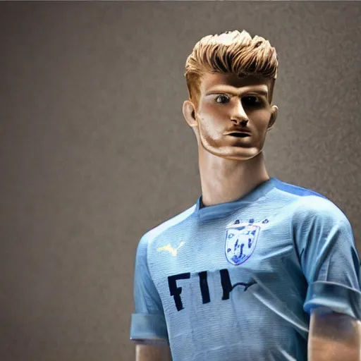 Image similar to a realistic detailed photo of a guy who is an attractive humanoid who is half robot and half humanoid, who is a male android, soccer player timo werner, shiny skin, posing like a statue, blank stare, by the pool, on display