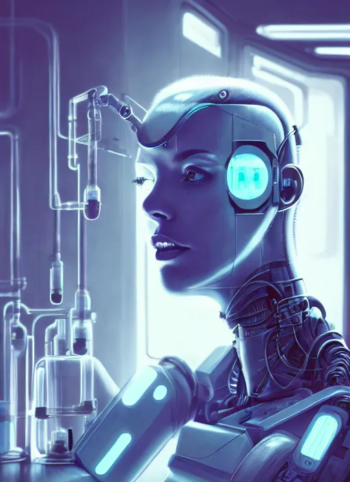 Image similar to cyberpunk,sci-fi, fantasy,Kodak Portra 400, 8K, soft light, volumetric lighting, highly detailed, britt marling style 3/4 ,portrait photo of a beautiful cyborg robot woman in a chemical laboratory + face, intricate, elegant, highly detailed, digital painting, artstation, concept art, smooth, sharp focus, illustration,art by artgerm and greg rutkowski and alphonse mucha