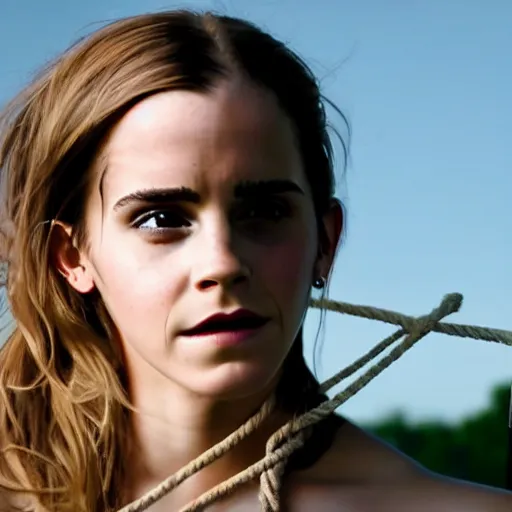 Image similar to emma watson, full body and face, head to toe visible in the photo, hands tied with a metal pole via rope, damsels in distress, 4 k, hyperrealistic