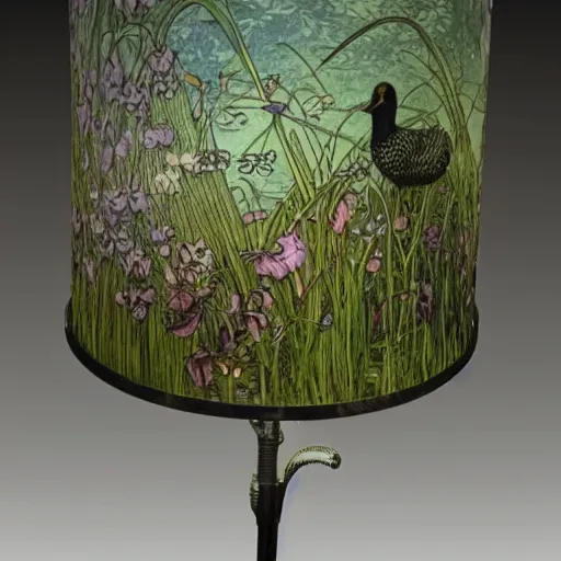 Prompt: beautiful victorian art nouveau duck lampshade, river reeds duckweeds, mucha kilian eng