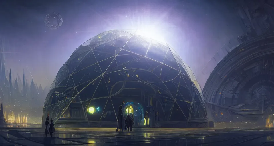 Image similar to cinematic shot, futuristic city on the moon inside a giant geodesic dome, utopian, night, stars, digital painting, artstation, concept art, smooth, sharp focus, illustration, intricate, elegant, highly detailed, in the style of greg rutkowski and alphonse mucha and artemisia, 8 k, highly detailed, jurgens, rutkowski