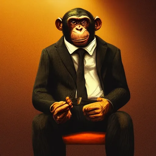 Image similar to a chimp wearing a suit smoking a cigar, dramatic lighting, cinematic, establishing shot, extremly high detail, photorealistic, cinematic lighting, artstation, style by James Gurney