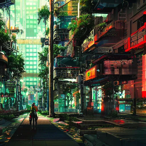 Image similar to A cyberpunk city in a rainforest, highly detailed digital art