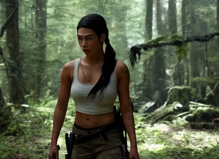 Image similar to film still of!!!! amber midthunder!!! as lara croft in new tomb raider movie, 8 k