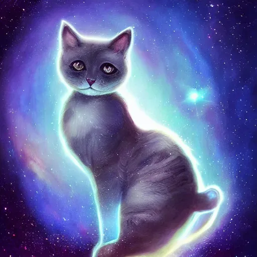 Prompt: cute cat merging with the galaxy by ross tran