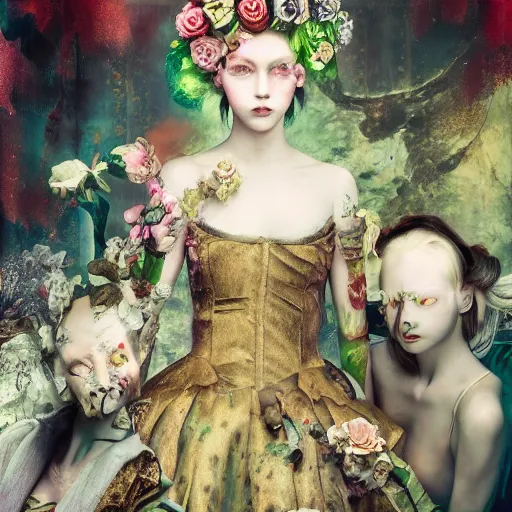 Image similar to 8k, octane render, cyberpunk painting, realism, tonalism, renaissance, rococo, baroque, group of creepy young ladies wearing long harajuku manga dress with flowers and skulls, background chaotic flowers