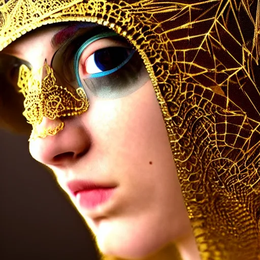 Image similar to an award finning closeup photo by a famous portrait photographer of a beautiful female bohemian cyberpunk techno rock musician aged 2 1 in filigree fractal robes