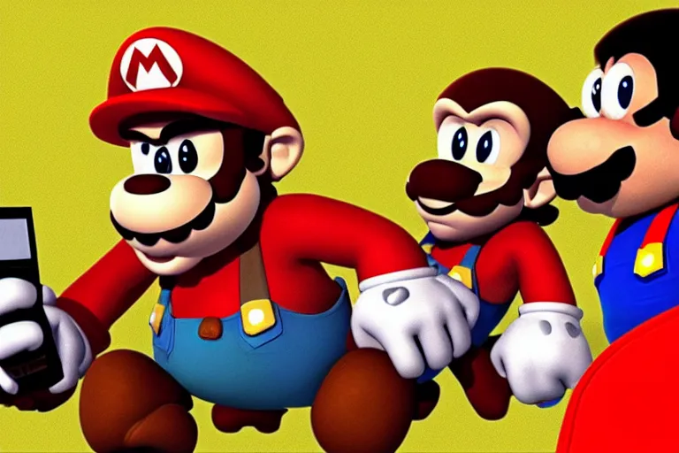 Prompt: a photo made with a disposable camera of Donkey Kong sitting next to Super Mario on the couch while playing a video game