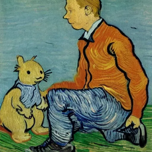 Prompt: portrait of calvin and hobbs, detailed, by beatrix potter annd van gogh