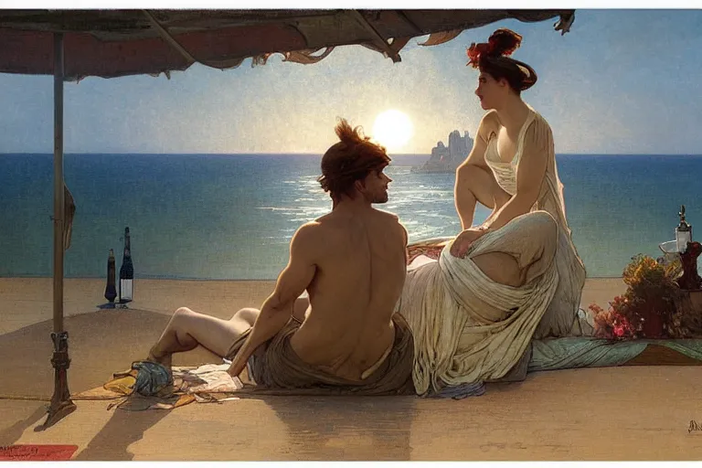 Image similar to a matte painting of a man watching the sunset wife his girlfriend by the beach, by greg rutkowski, by alphonse mucha, muted colors