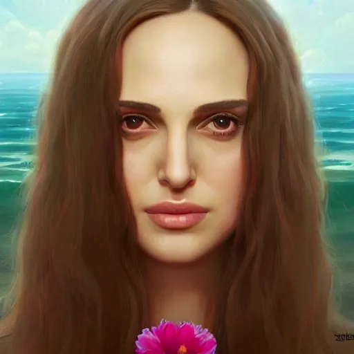 Image similar to the professional, pink petals with a a bored natalie portman mixed with mona lisa, intricate, elegant, highly detailed, wonderful eyes, sweet, digital painting, artstation, concept art, smooth, sharp focus, illustration, art by artgerm and greg rutkowski and concept art, rectilinear vaporwave