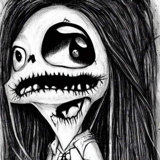 Image similar to grunge drawing of a cartoon creature with big bloody eyes and a wide smile by mrrevenge, corpse bride style, horror themed, detailed, elegant, intricate