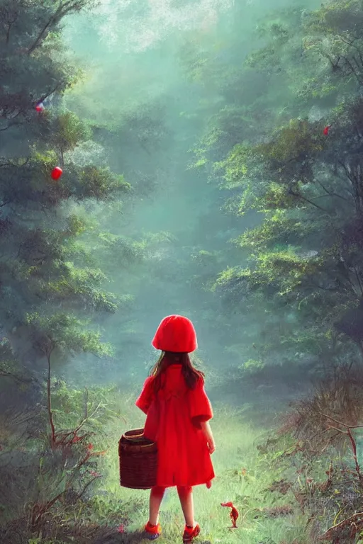 Prompt: a little girl in red hat with a picnic basket ,forest, long-shot, by Bruce Pennington and Ross Tran trending on artstation, trending on deviantart