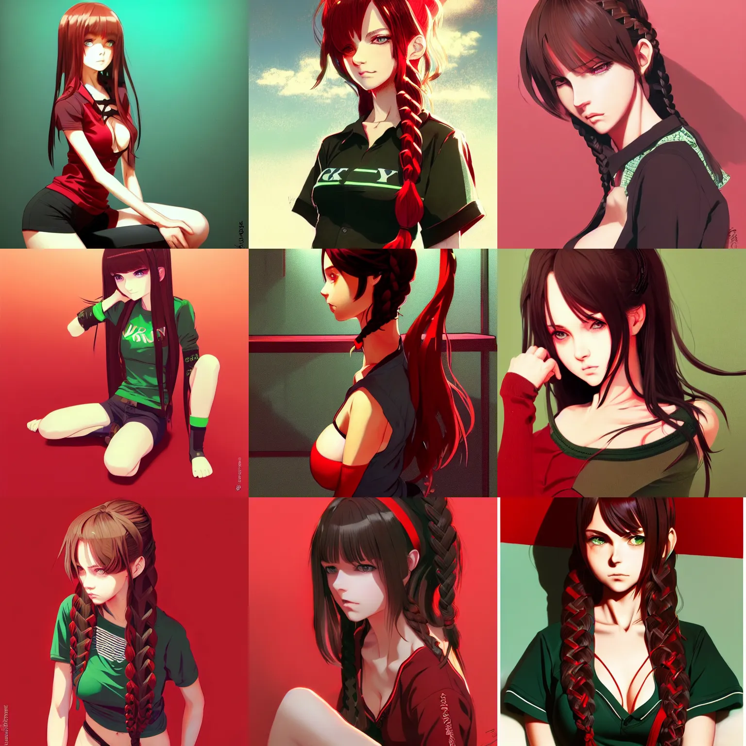 Prompt: sexy girl with braided brown hair and green eyes, wearing a sexy shirt, sitting on her bed, black and red colors, highly detailed, in the style of and ilya kuvshinov and greg rutkowski, high quality anime artstyle, intricate