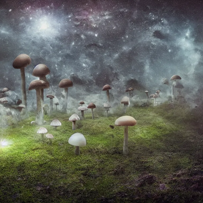 Image similar to a planet of various fungus, mushrooms and plants, inside the picture is infinity, Atmospheric phenomenon, artistic photography, muted colors, conceptual, long exposure outside the city, volumetric light