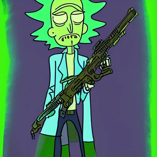 Image similar to portrait of alien rick holding a cybernetic rifle, rick and morty forever and forever a hundred years! g