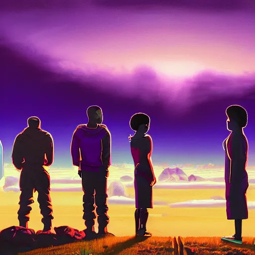 Prompt: A painting of Kanye West and his family looking on at the horizon, afrofuturism, Simon Stalenhag, 8K concept art, purple skies, intricate details, minimal artifacting