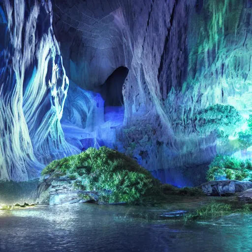 Image similar to travellers,beyond time ,the cathedrals in a underground vast cave canyon grotto, of life the beginning , geological strata,ground mist, falling water,deep clear pools of water,reflection,refraction, hyper-maximalist,micro details, 3d sculpture,,digital rendering,octane render , 4k, artstation, concept art ,amazing lighting, f42,deep depth of field,photographic, wide angle,cinematic lighting