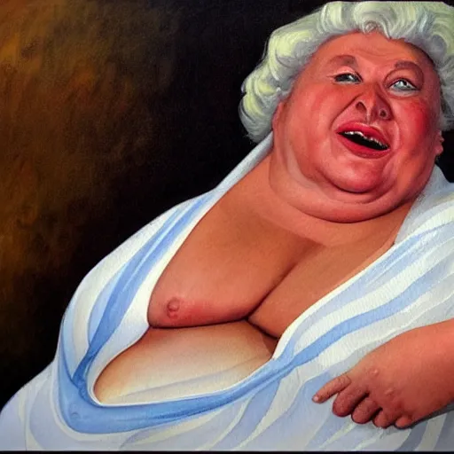 Image similar to of a very funny oil painting of a sweet fat old woman kissing herself. symmetrical face, red mouth, blue eyes. a flowered dress. a hyper - realistic scene. 3 d, octane processing, deep focus, white scene. a very funny and sweet picture. unreal engine. watercolor. fellini cinematic style. poster quality. freud painting style.