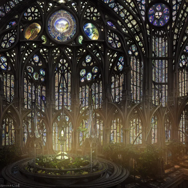Prompt: celestial cathedral atrium, hanging gardens, stained glass, gothic, neo - gothic, art nouveau, hyperdetailed polished silver medieval icon, stefan morrell, daniel merriam, james jean, concept art, aetherpunk, unreal engine, detailed intricate environment, octane render, godrays, volumetric lighting, ultrasharp, majestic, ethereal