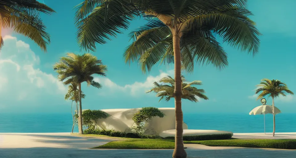 Image similar to perfume bottle in an oasis with palm trees, hiroshi nagai, matte painting, octane render, mute dramatic colours, soft blur outdoor stormy sea background,