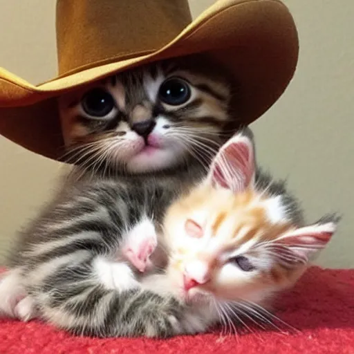 Image similar to a baby kitten wearing a cowboy hat that is missing his baby kitten boyfriend