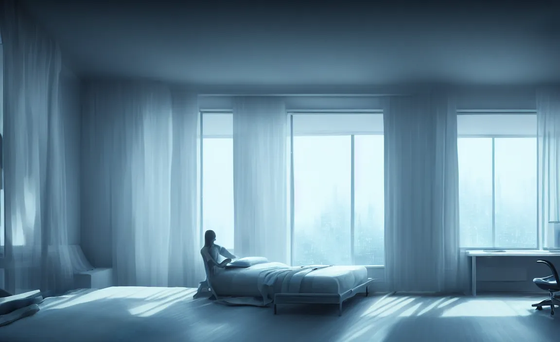 Image similar to bedroom, white bed, desk, computer, warm light, floor to ceiling window, the night scene outside the window. future science fiction. game cg, hyperdetailed, trending on cgsociety