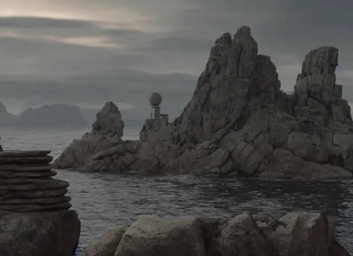 Image similar to screenshot of Luke Skywalker sitting around rocks floating in the air, outside on the rocky jedi temple, iconic scene from the last jedi, 1980s film directed by Stanley Kubrick, great portrait of Mark Hammill, cinematic lighting, kodak, stunning moody cinematography, with anamorphic lenses, crisp, detailed portrait, 4k image