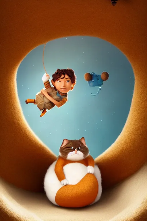 Prompt: round antropomorphic acorn plush toy and his cat friend in a giant bed adventure movie, cerebri movie poster, by nuri iyem, james gurney, james jean, greg rutkowski, anato finnstark. pixar. hyper detailed, 5 0 mm, award winning photography, perfect faces