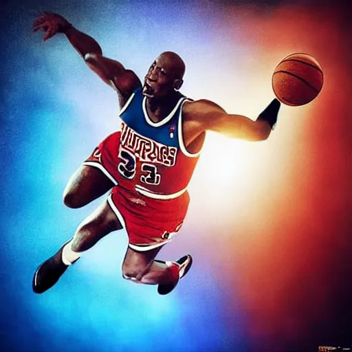 Image similar to “hyperrealistic mixed media high resolution image of michael jordan wearing a superman suit dunking a basketball, stunning 3d render inspired art by István Sándorfi and Greg Rutkowski and Unreal Engine, perfect symmetry, dim volumetric lighting, 8k octane beautifully detailed render, post-processing, extremely hyper-detailed, intricate, epic composition, highly detailed attributes, highly detailed atmosphere, cinematic lighting, masterpiece, trending on artstation, very very detailed, masterpiece, stunning, flawless structure, lifelike texture, perfection,”