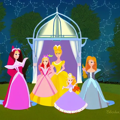 Image similar to digital art illustration of a princess tea party with aurora, belle, and cinderella