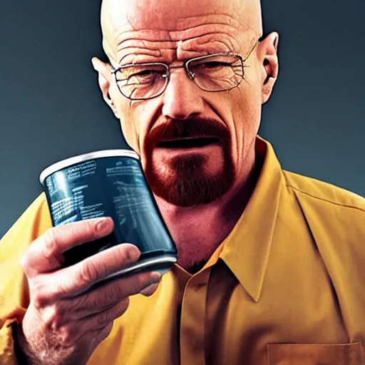 Image similar to Walter white yelling at a can of tomato soup