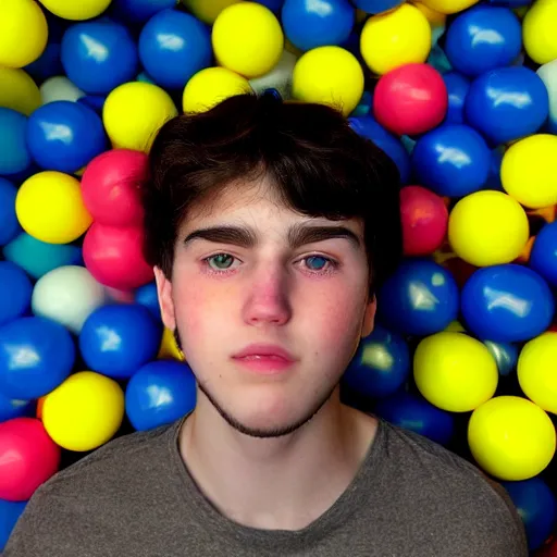 Prompt: The face of a white, black-haired teenager with a half beard on only one side of his face, looking at the camera, in a ball pool filled with white and yelllow balls, profile picture.