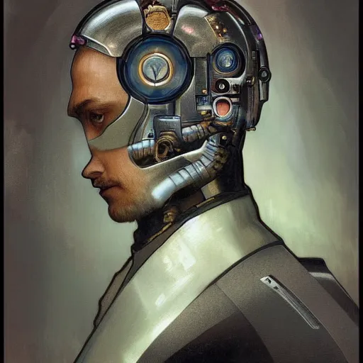 Image similar to portrait of a 5 0 year old husky male android, coy, circuitry visible in head, in the style of ex machina, karol bak, alphonse mucha, greg rutkowski, award winning, hr giger, artstation